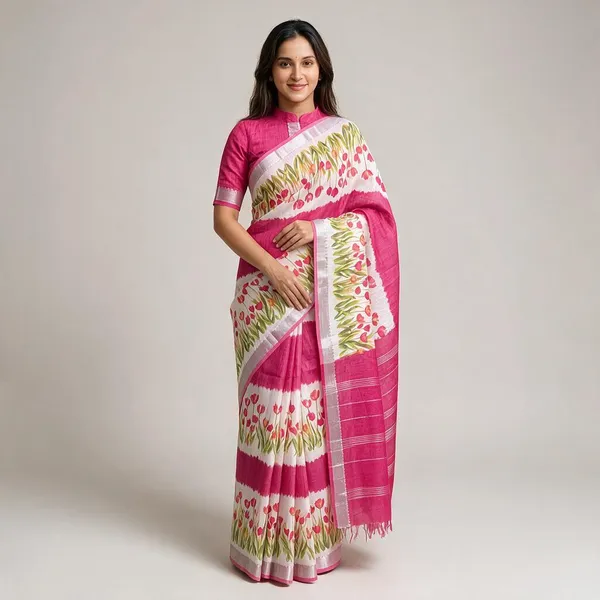Pink_Linen_Digital_Floral_Print_Mangalagiri_Border_Saree_For_Women