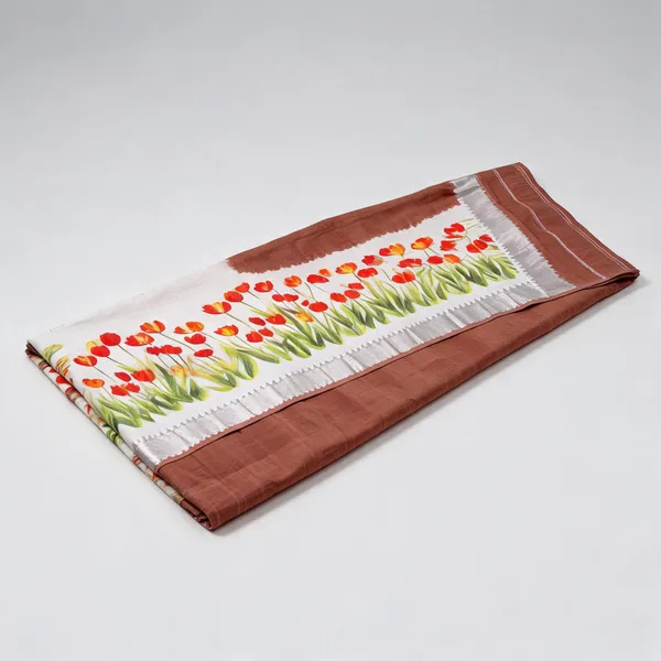 Brown_Linen_Digital_Floral_Print_Mangalagiri_Border_Saree_For_Women