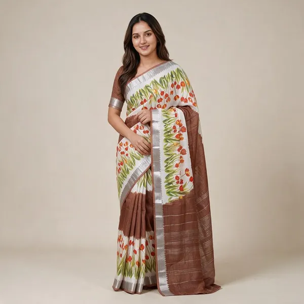 Brown_Linen_Digital_Floral_Print_Mangalagiri_Border_Saree_For_Women