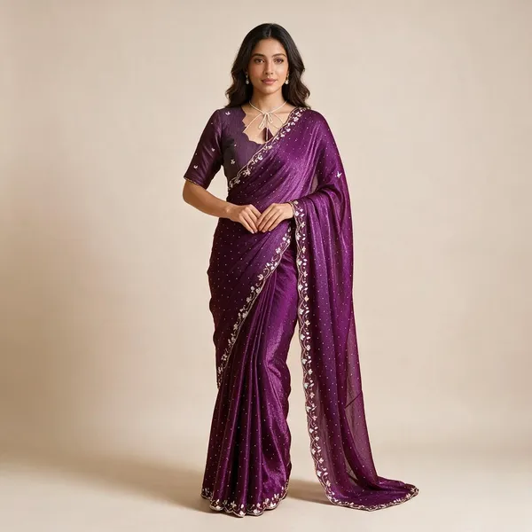 Wine_Purple_Chiffon_Handwork_Stone_Embroidered_Saree_For_Women
