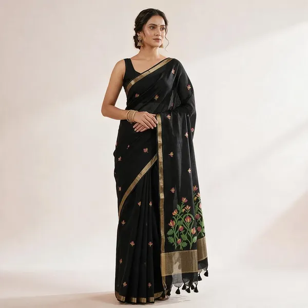 Black_Cotton_Jamdani_Woven_Lightweight_Summer_Saree_For_Women