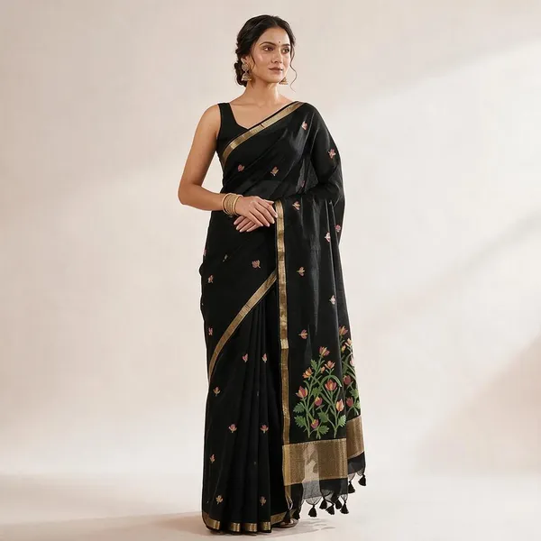 Black_Cotton_Jamdani_Woven_Lightweight_Summer_Saree_For_Women