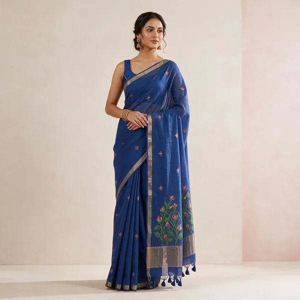 Blue_Cotton_Feel_Jamdani_Weave_Saree_For_Women