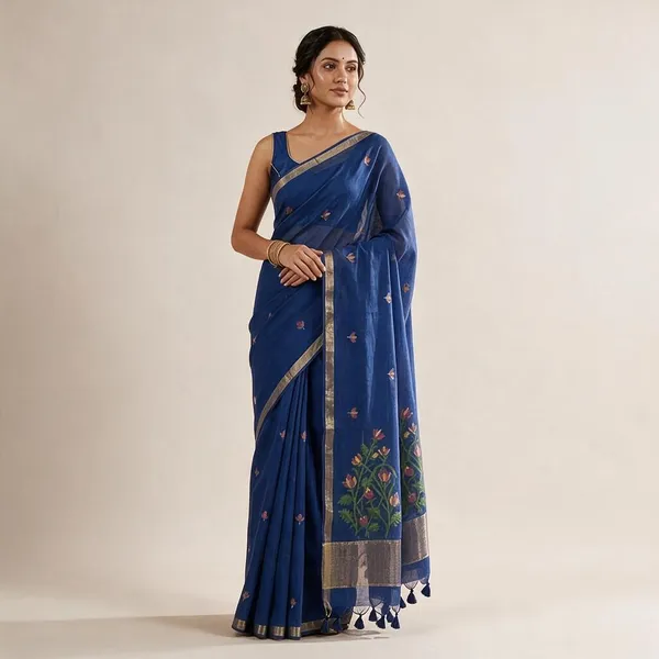 Blue_Cotton_Feel_Jamdani_Weave_Saree_For_Women