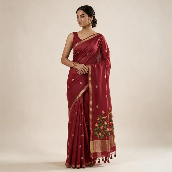 Red_Cotton_Feel_Jamdani_Weave_Saree_For_Women