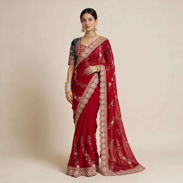 Crimson_Red_Satin_Lehariya_Sequence_Embroidered_Saree_For_Women