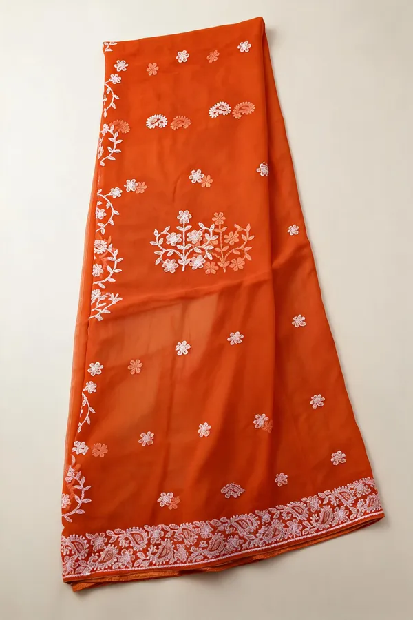Rust_Orange_Soft_Georgette_Chikankari_Embroidered_Saree_For_Women
