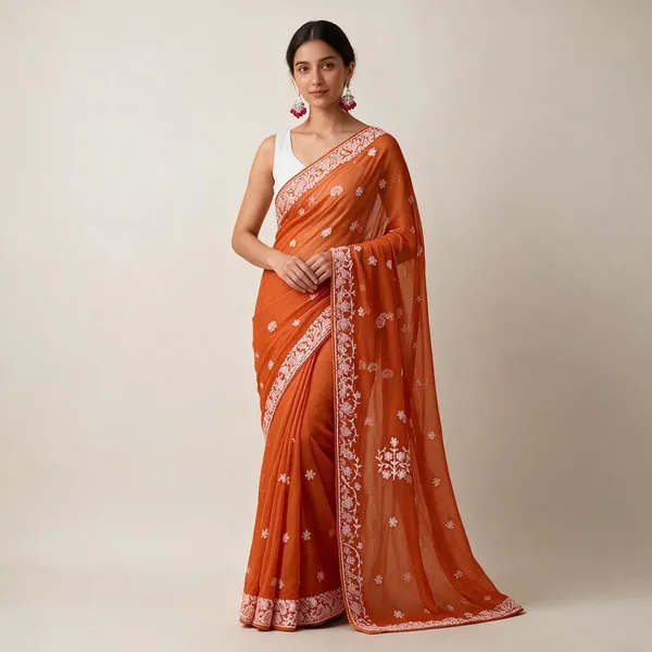 Rust_Orange_Soft_Georgette_Chikankari_Embroidered_Saree_For_Women