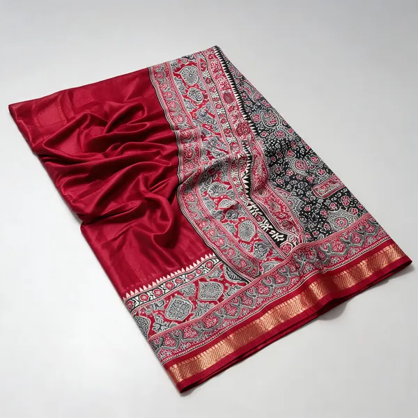 Crimson_Red_Marshmallow_Silk_3D_Bandhej_Digital_Print_Saree_For_Women