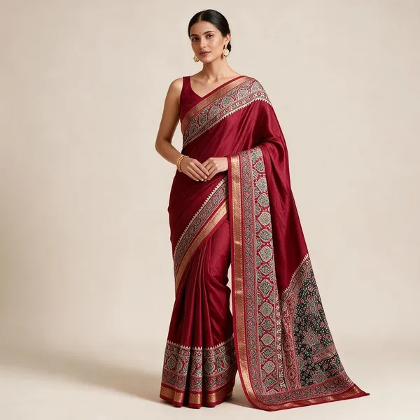 Crimson_Red_Marshmallow_Silk_3D_Bandhej_Digital_Print_Saree_For_Women