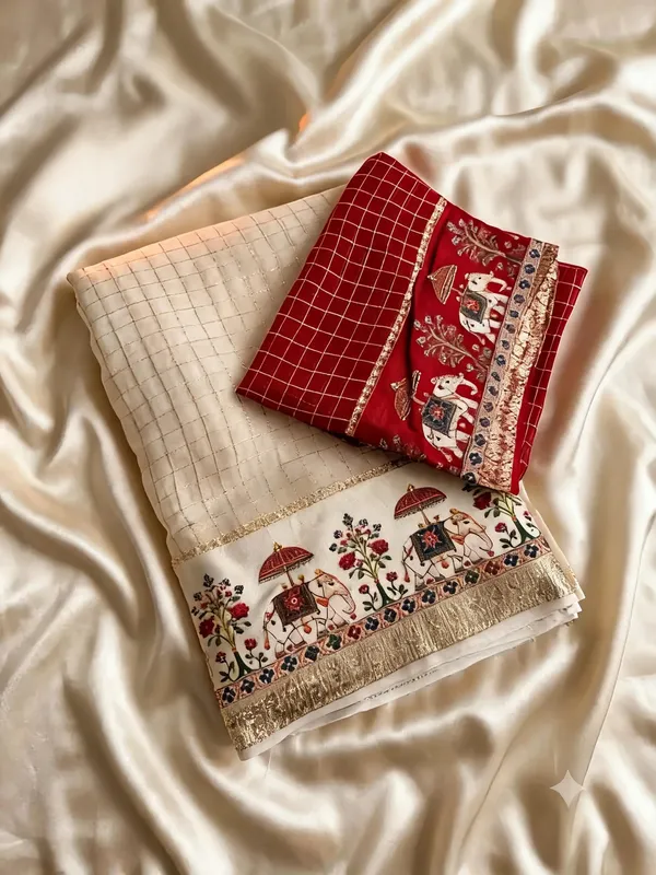 Cream_Ivory_Viscose_Georgette_Checkered_Saree_For_Women