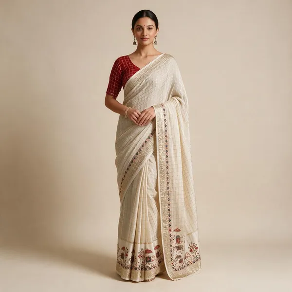 Cream_Ivory_Viscose_Georgette_Checkered_Saree_For_Women