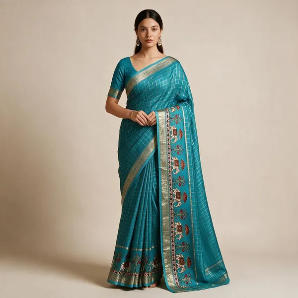 Sky_Blue_Viscose_Georgette_Checkered_Saree_For_Women