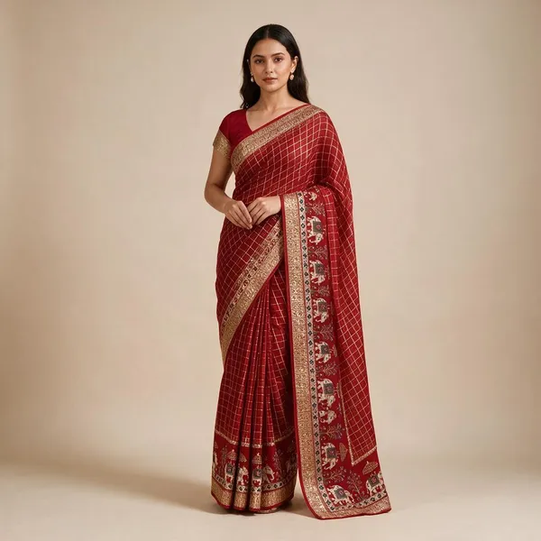 Scarlet_Red_Viscose_Georgette_Checkered_Saree_For_Women
