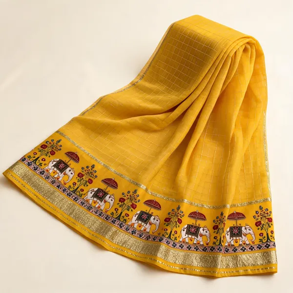 Haldi_Yellow_Viscose_Georgette_Checkered_Saree_For_Women