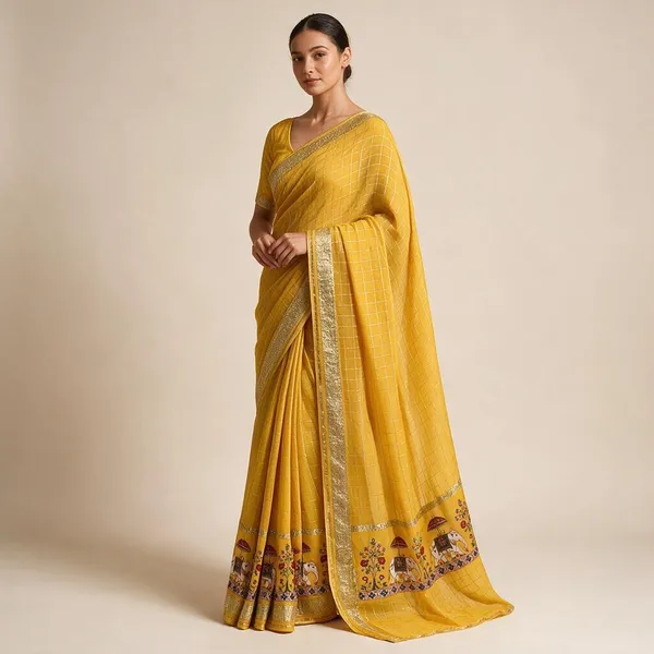 Haldi_Yellow_Viscose_Georgette_Checkered_Saree_For_Women