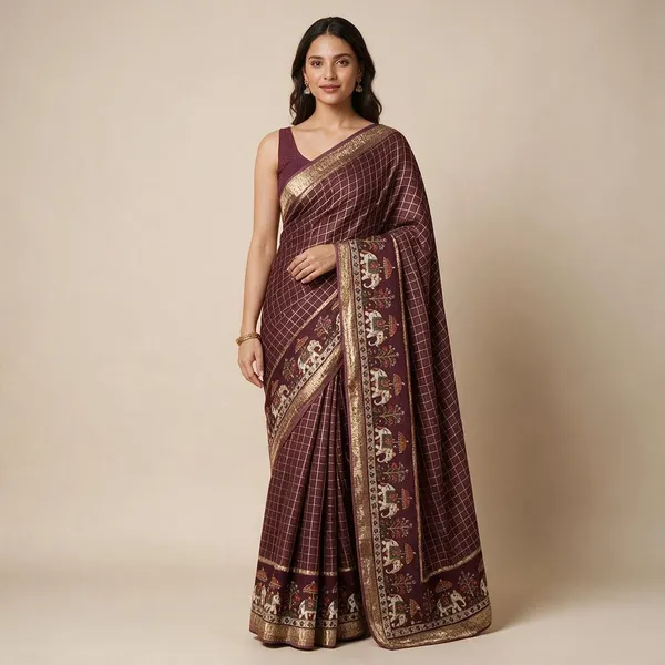 Wine_Purple_Viscose_Georgette_Checkered_Saree_For_Women
