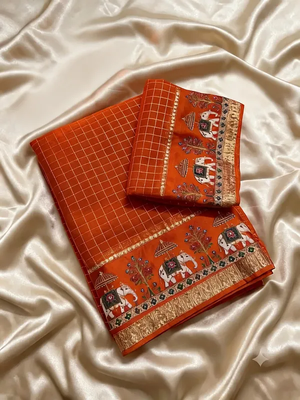 Orange_Viscose_Georgette_Checkered_Saree_For_Women