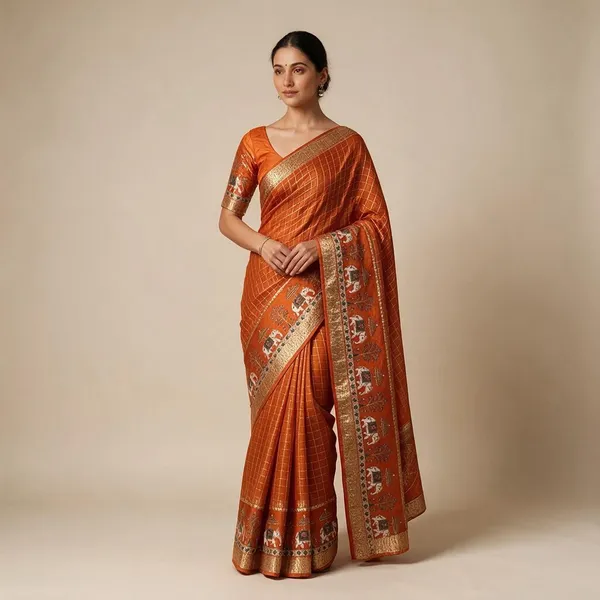 Orange_Viscose_Georgette_Checkered_Saree_For_Women