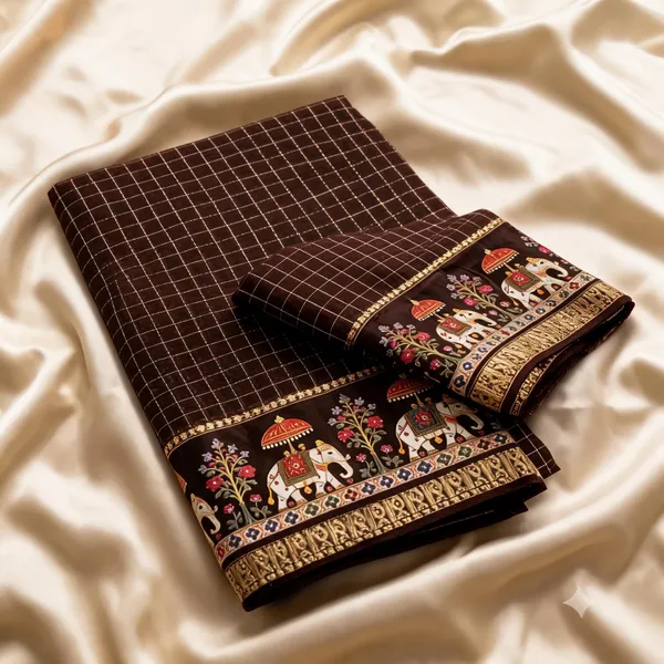 Chocolate_Brown_Viscose_Georgette_Checkered_Saree_For_Women