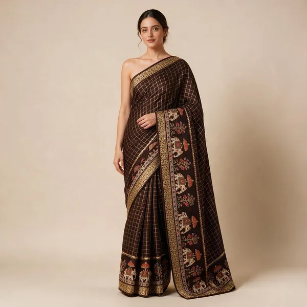 Chocolate_Brown_Viscose_Georgette_Checkered_Saree_For_Women