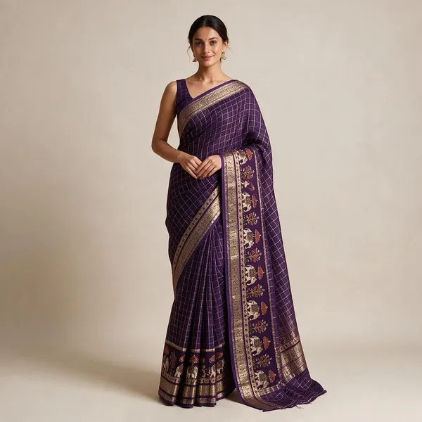 Purple_Viscose_Georgette_Checkered_Saree_For_Women