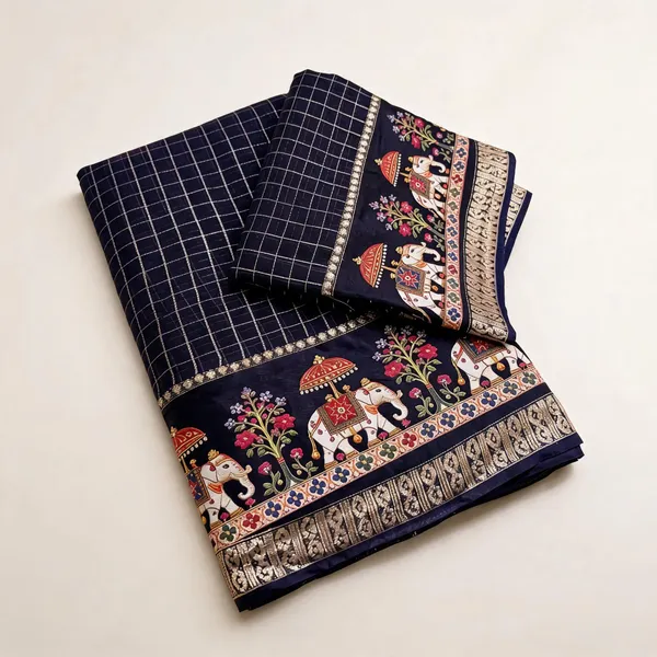 Navy_Blue_Viscose_Georgette_Checkered_Woven_Casual_Saree_For_Women
