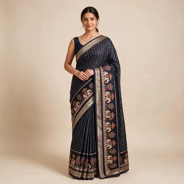 Navy_Blue_Viscose_Georgette_Checkered_Woven_Casual_Saree_For_Women
