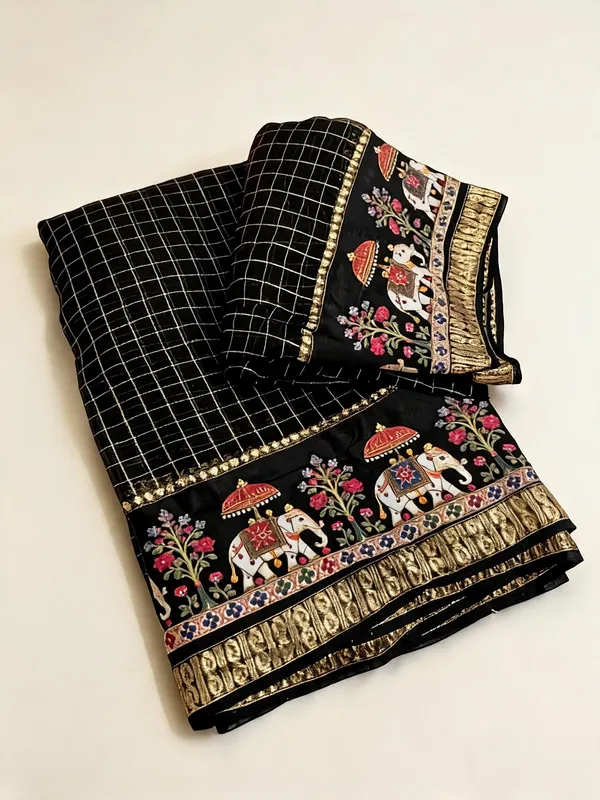Black_Viscose_Georgette_Checkered_Woven_Casual_Saree_For_Women
