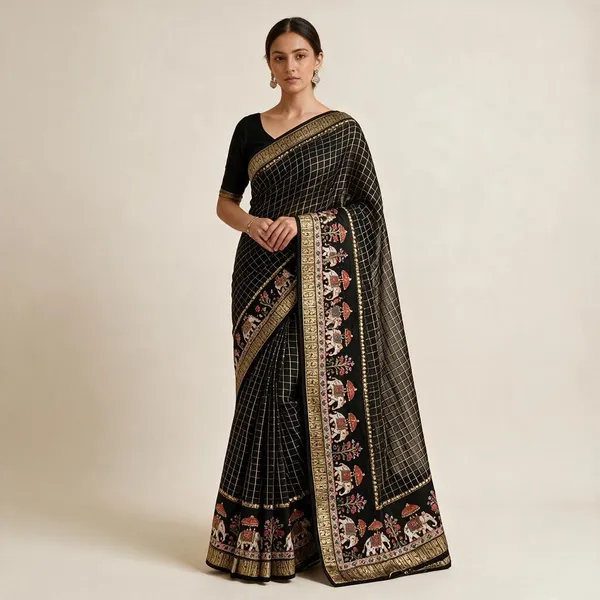 Black_Viscose_Georgette_Checkered_Woven_Casual_Saree_For_Women