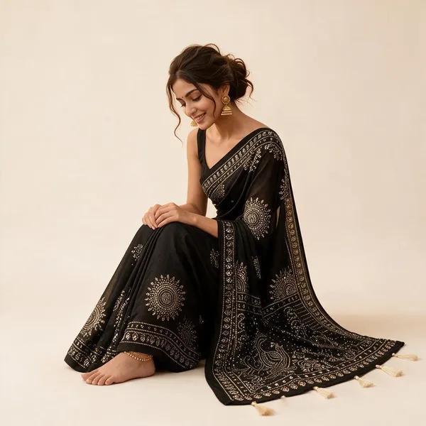 Black_Moss_Satin_Ajrakh_Print_Zari_Mirror_Work_Saree_For_Women