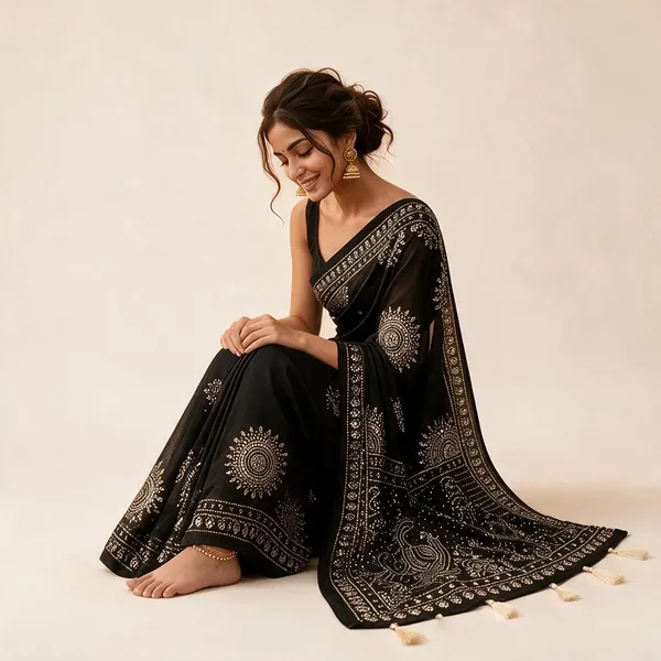 Black_Moss_Satin_Ajrakh_Print_Zari_Mirror_Work_Saree_For_Women