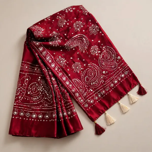 Maroon_Moss_Satin_Ajrakh_Print_Zari_Mirror_Work_Saree_For_Women