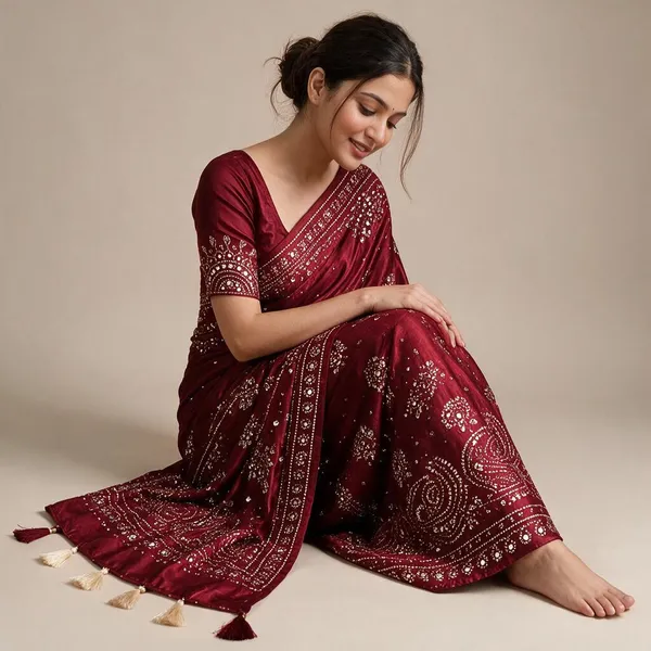 Maroon_Moss_Satin_Ajrakh_Print_Zari_Mirror_Work_Saree_For_Women