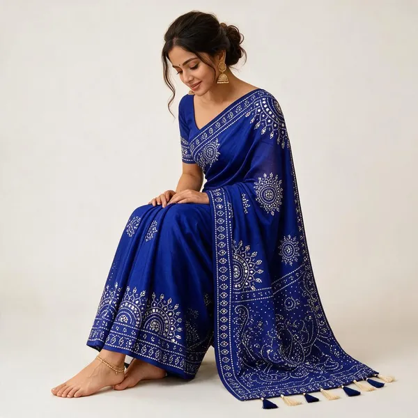 Blue_Moss_Satin_Ajrakh_Print_Zari_Mirror_Work_Saree_For_Women