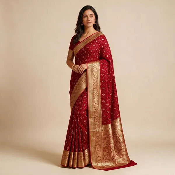 Red_Golden_Cotton_Silk_Hand_Dyed_Bandhani_Teen_Daani_Saree_For_Women