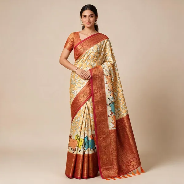 Orange_Banarasi_Silk_Kalamkari_Pichwai_Digital_Print_Zari_Saree_For_Women