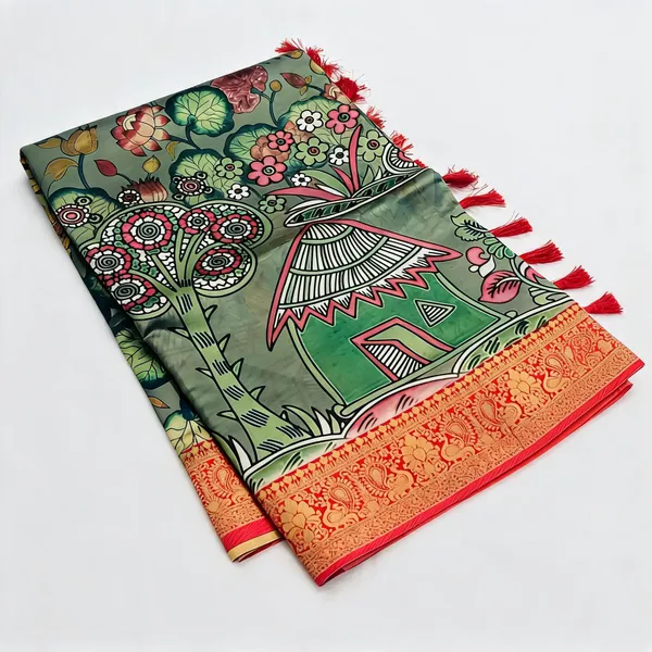 Pine_Green_Banarasi_Silk_Kalamkari_Pichwai_Digital_Print_Zari_Saree_For_Women