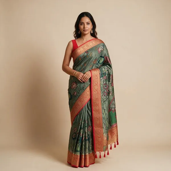 Pine_Green_Banarasi_Silk_Kalamkari_Pichwai_Digital_Print_Zari_Saree_For_Women