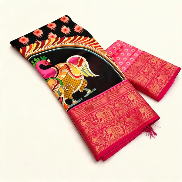 Black_Banarasi_Silk_Kalamkari_Pichwai_Digital_Print_Zari_Saree_For_Women