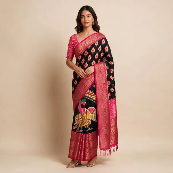 Black_Banarasi_Silk_Kalamkari_Pichwai_Digital_Print_Zari_Saree_For_Women