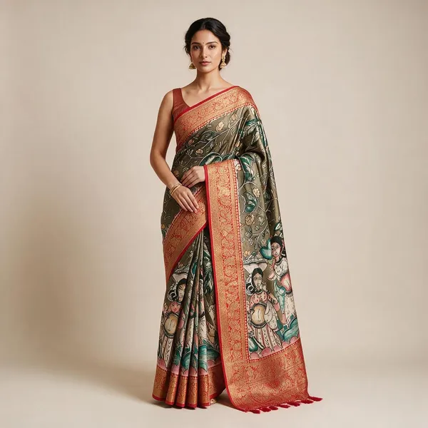 Red_Banarasi_Silk_Kalamkari_Pichwai_Digital_Print_Zari_Saree_For_Women