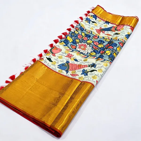 Gold_Banarasi_Silk_Kalamkari_Pichwai_Digital_Print_Zari_Saree_For_Women