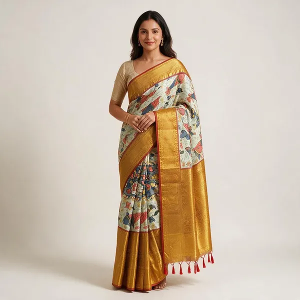 Gold_Banarasi_Silk_Kalamkari_Pichwai_Digital_Print_Zari_Saree_For_Women