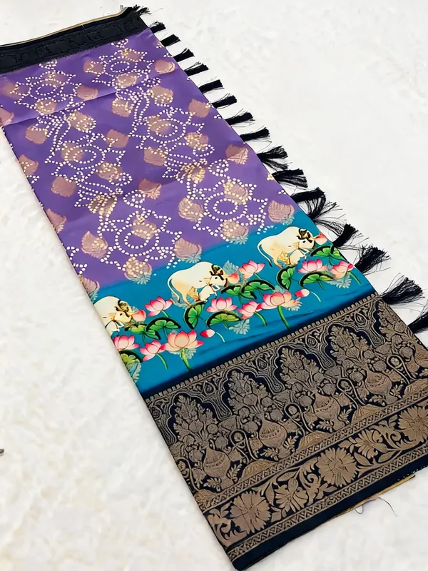 Purple_Banarasi_Silk_Kalamkari_Pichwai_Digital_Print_Zari_Saree_For_Women