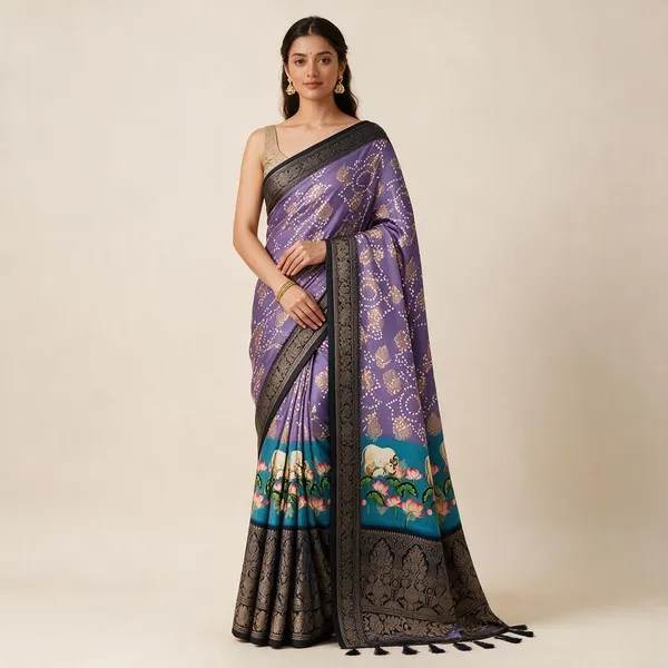 Purple_Banarasi_Silk_Kalamkari_Pichwai_Digital_Print_Zari_Saree_For_Women