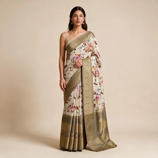White_Banarasi_Silk_Kalamkari_Pichwai_Print_Zari_Woven_Saree_For_Women