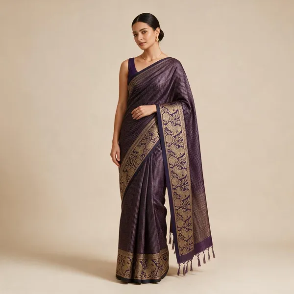 Violet_Banarasi_Soft_Silk_Gold_Zari_Solid_Jacquard_Woven_Saree_For_Women