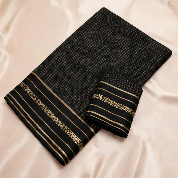 Black_Viscose_Georgette_Checkered_Satin_Border_Saree_For_Women