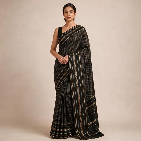 Black_Viscose_Georgette_Checkered_Satin_Border_Saree_For_Women